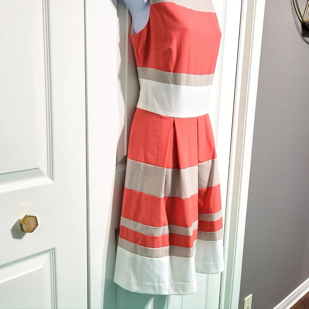 Lauren Ralph Lauren Pleated Fit Flair Dress Skater Striped Coral Cream White - Picture 2 of 7